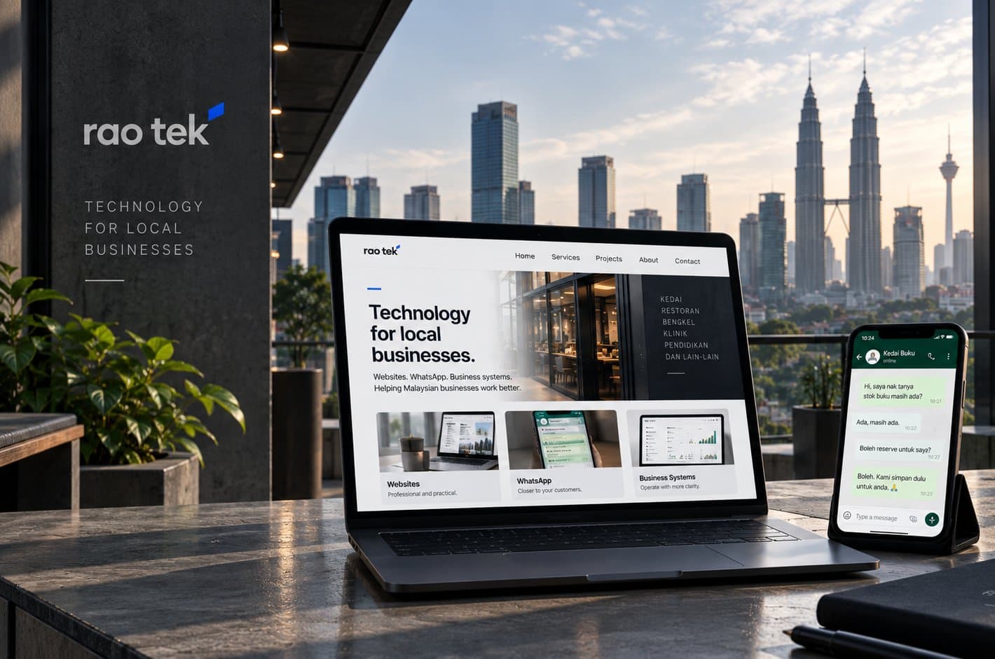 Website Rao Tek pada laptop dan pertanyaan pelanggan di WhatsApp pada telefon, di sebuah pejabat di Kuala Lumpur.